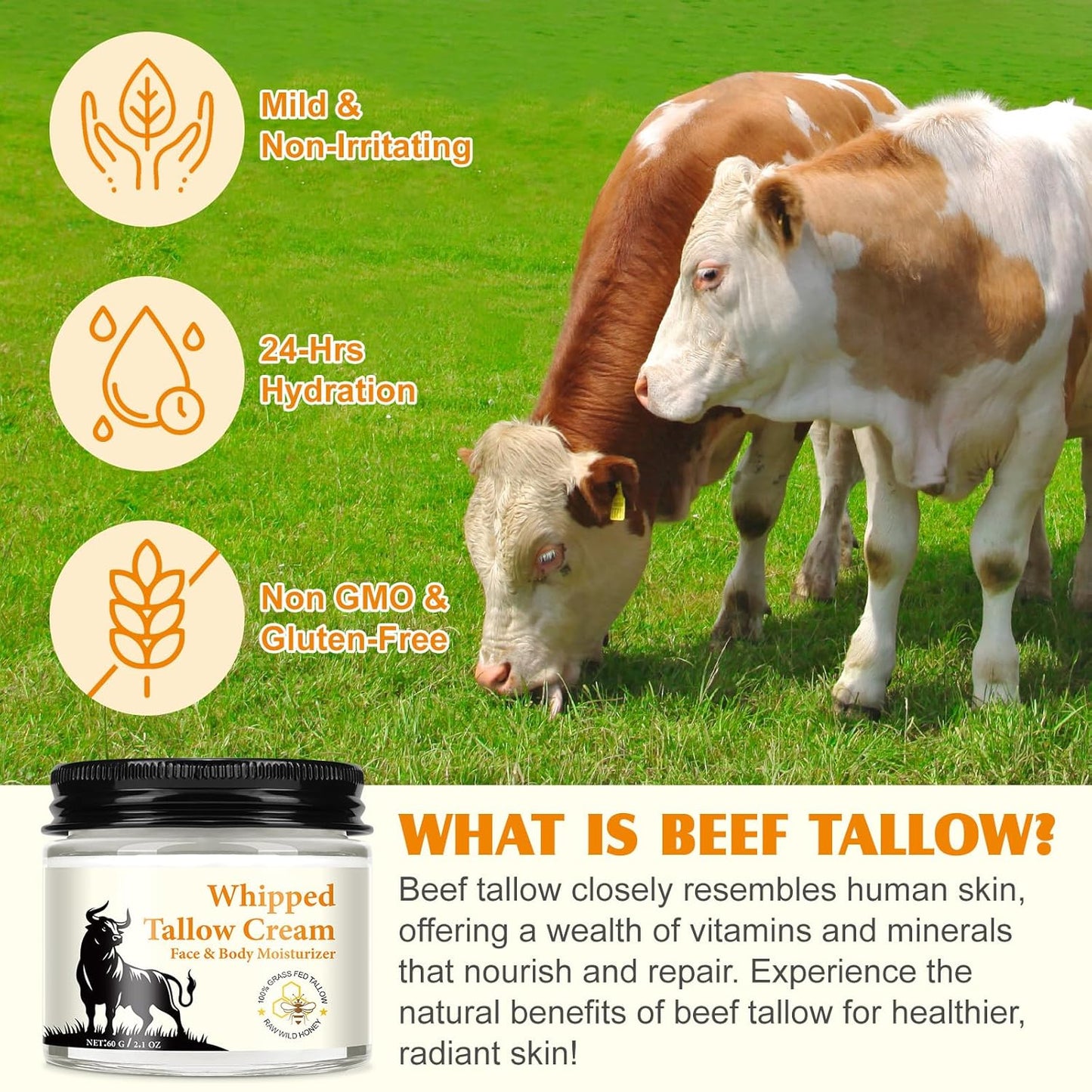 Beef Tallow Skincare, 120G Rindertalg Honig Balsam, Natürliche Talg & Honig Rindertalg Creme, Beef Tallow Bio, Tallow Creme Für Feuchtigkeitsspendend & Anti-Ageing, Tallow Balm Für Gesicht & Körper