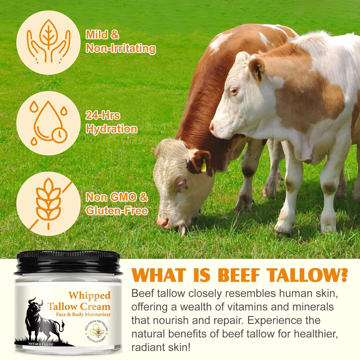 Beef Tallow Skincare, 120G Rindertalg Honig Balsam, Natürliche Talg & Honig Rindertalg Creme, Beef Tallow Bio, Tallow Creme Für Feuchtigkeitsspendend & Anti-Ageing, Tallow Balm Für Gesicht & Körper