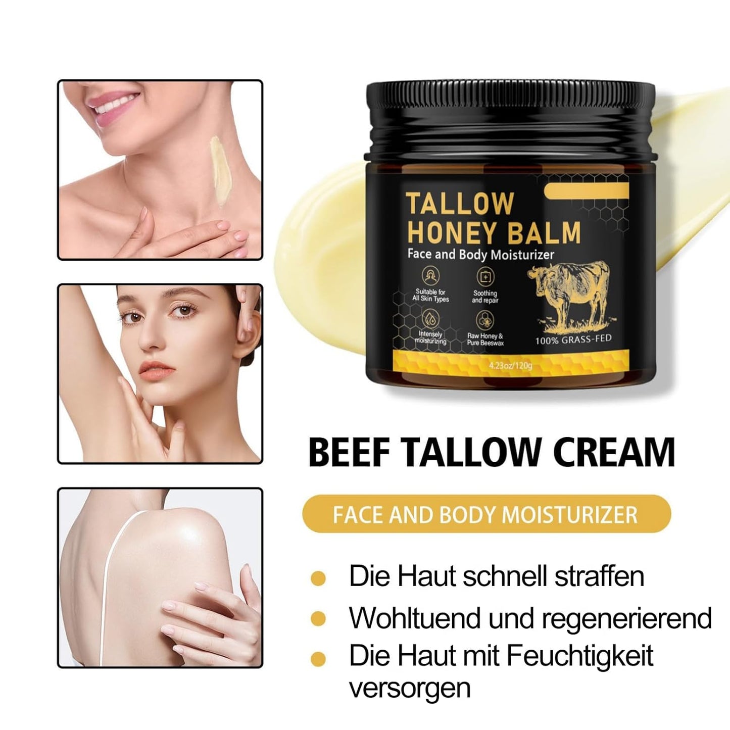 Whipped Tallow Cream Für Gesicht & Körper,Beef Tallow Creme 120 G,Rindertalg Für Hautpflege,Bio Beef Tallow Skincare,Natürlicher Honig & Bienenwachs,Tiefe Hydratation & Pflege,Schnell Absorbierend