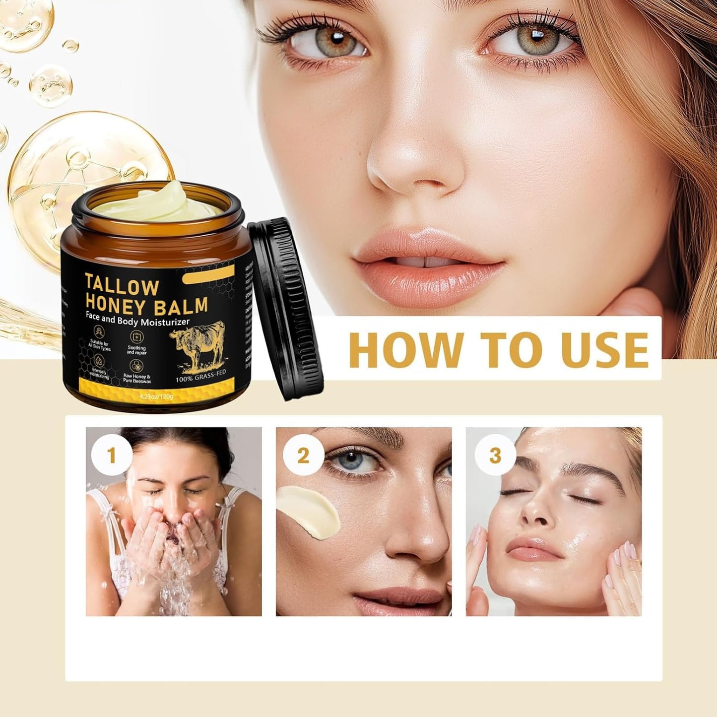 Whipped Tallow Cream Für Gesicht & Körper,Beef Tallow Creme 120 G,Rindertalg Für Hautpflege,Bio Beef Tallow Skincare,Natürlicher Honig & Bienenwachs,Tiefe Hydratation & Pflege,Schnell Absorbierend