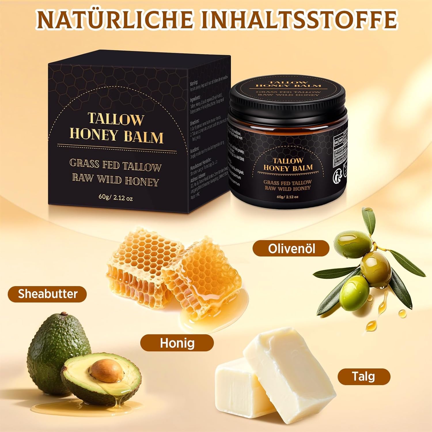 Beef Tallow Creme, Rindertalg Creme, Tiefe Hydratation & Feuchtigkeitscreme, Gefütterter Rindertalg Und Honigbalsam Für Empfindliche, Trockene Haut, Beef Tallow Honey Balm 60G