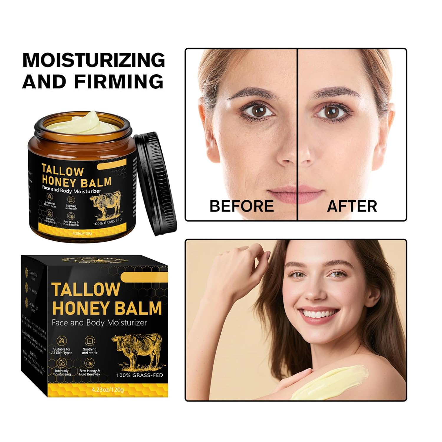Whipped Tallow Cream Für Gesicht & Körper,Beef Tallow Creme 120 G,Rindertalg Für Hautpflege,Bio Beef Tallow Skincare,Natürlicher Honig & Bienenwachs,Tiefe Hydratation & Pflege,Schnell Absorbierend