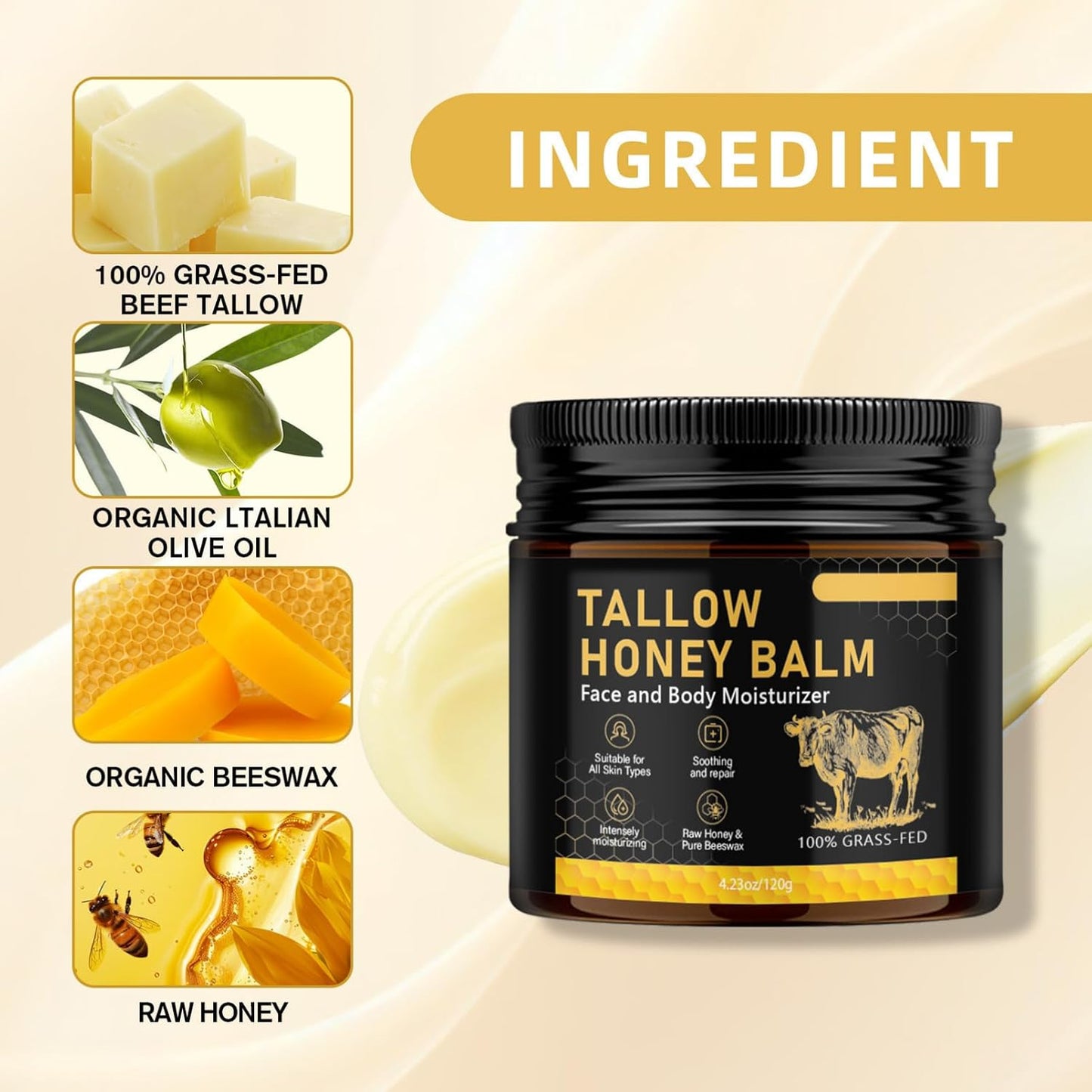Whipped Tallow Cream Für Gesicht & Körper,Beef Tallow Creme 120 G,Rindertalg Für Hautpflege,Bio Beef Tallow Skincare,Natürlicher Honig & Bienenwachs,Tiefe Hydratation & Pflege,Schnell Absorbierend