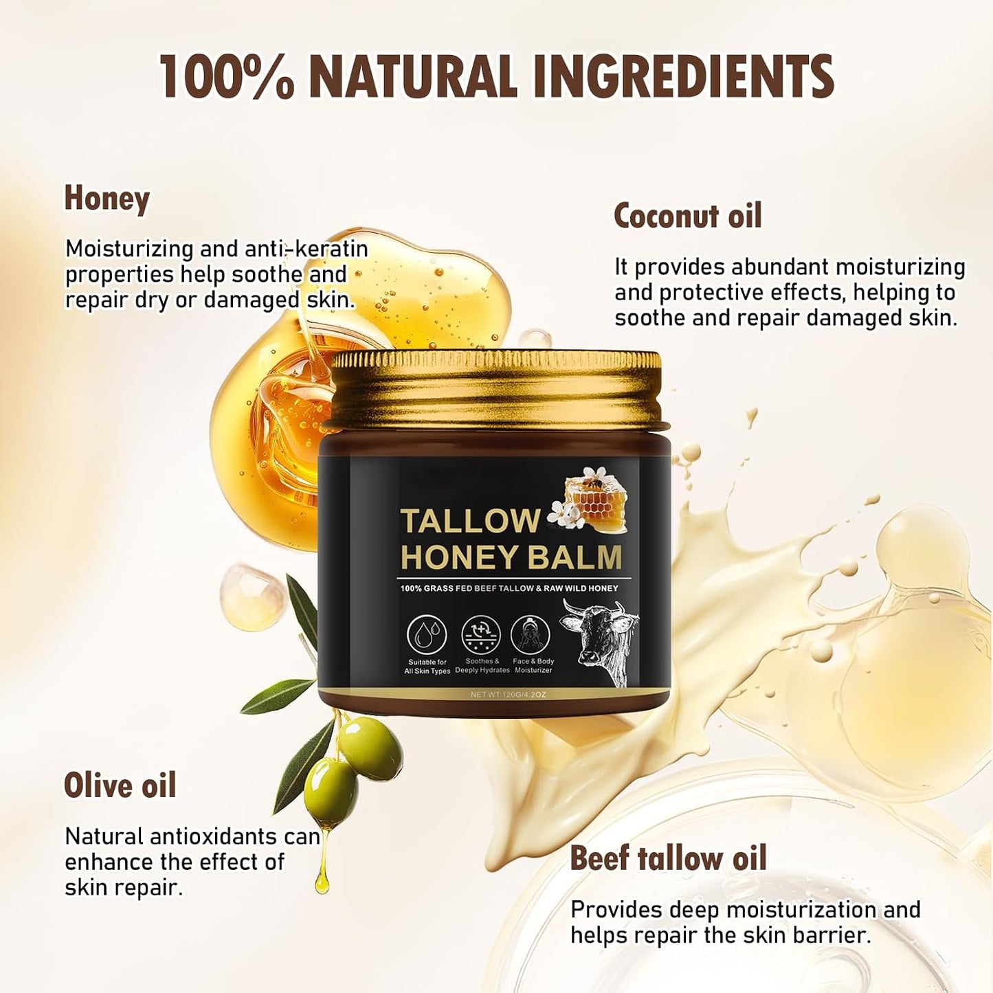 Beef Tallow Creme Für Gesicht & Körper 120 G, Feuchtigkeitscreme Für Den Täglichen Gebrauch, 100% Rindertalg Von Grasgefütterten Rindern, Natürlicher Honig Und Bienenwachs, Intensive Feuchtigkeitspfl