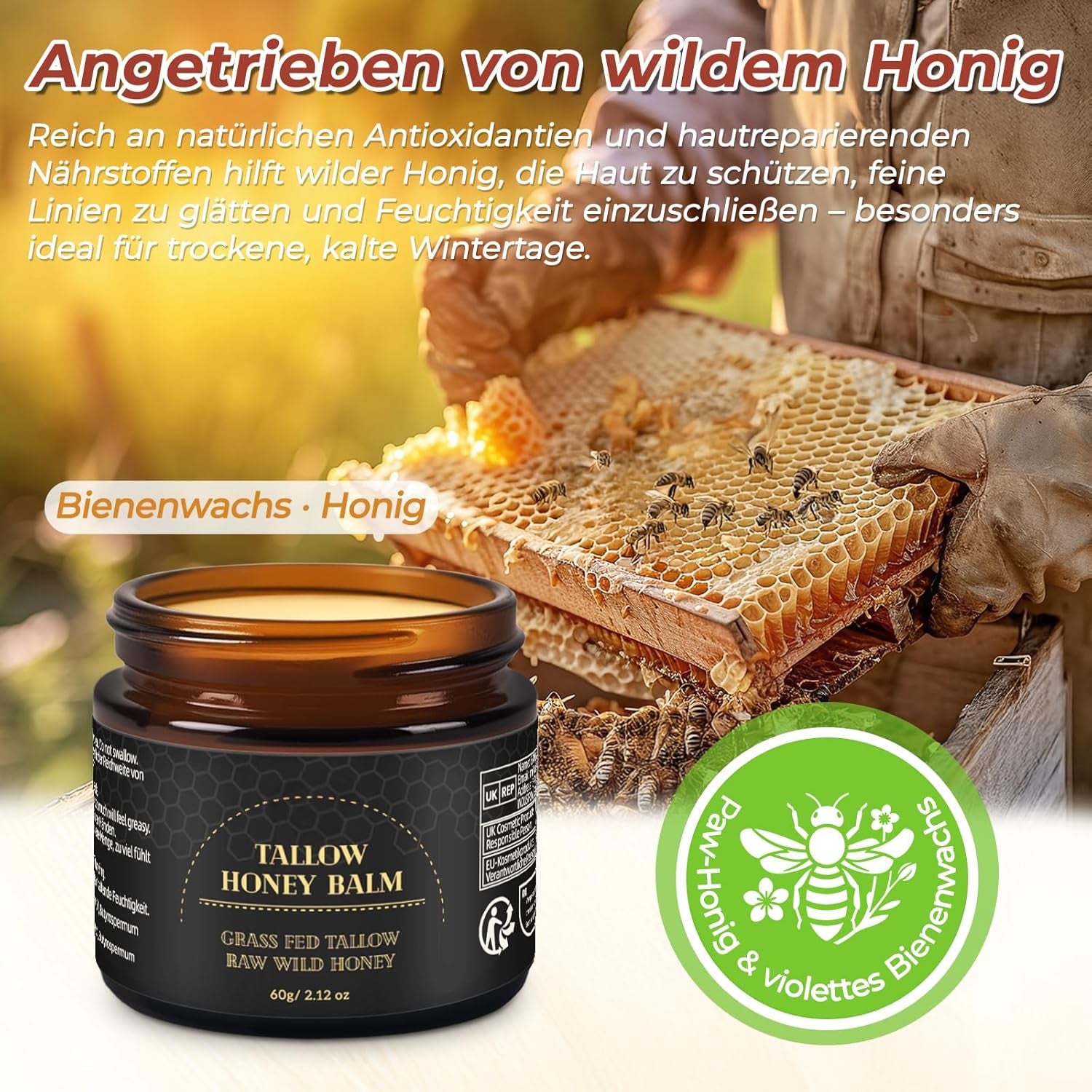 Beef Tallow Creme 60G, 100% Rindertalg Für Hautpflege, Rindertalg Und Honigbalsam, Talg-Gesichtscreme, Bio-Grasgefütterter Aufgeschlagener Talgbalsam, Bodycremes, Tiefenhydration Für Gesicht & Körper