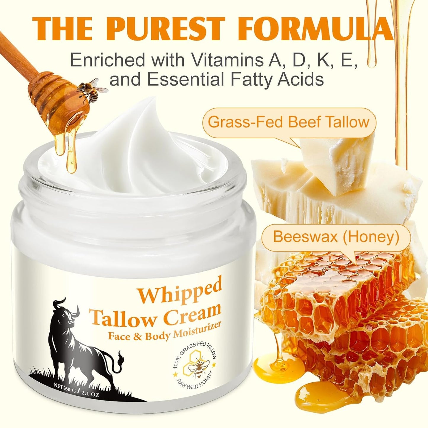 Beef Tallow Skincare, Rindertalg Honig Balsam,Natürliche Talg & Honig Rindertalg Creme, Beef Tallow Bio, Tallow Creme Für Feuchtigkeitsspendend & Anti-Ageing, Tallow Balm Für Gesicht & Körper (60G)