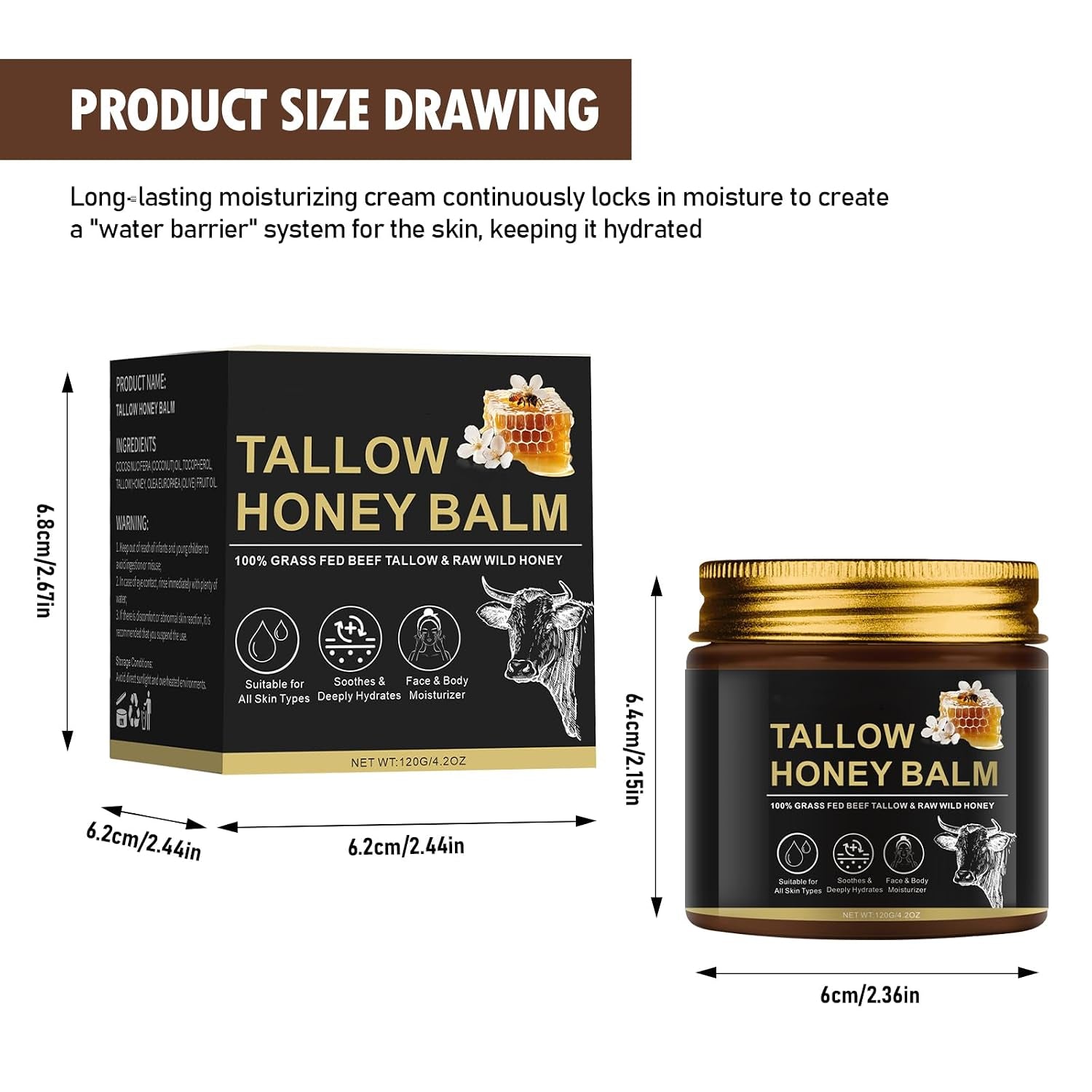 Beef Tallow Creme Für Gesicht & Körper 120 G, Feuchtigkeitscreme Für Den Täglichen Gebrauch, 100% Rindertalg Von Grasgefütterten Rindern, Natürlicher Honig Und Bienenwachs, Intensive Feuchtigkeitspfl