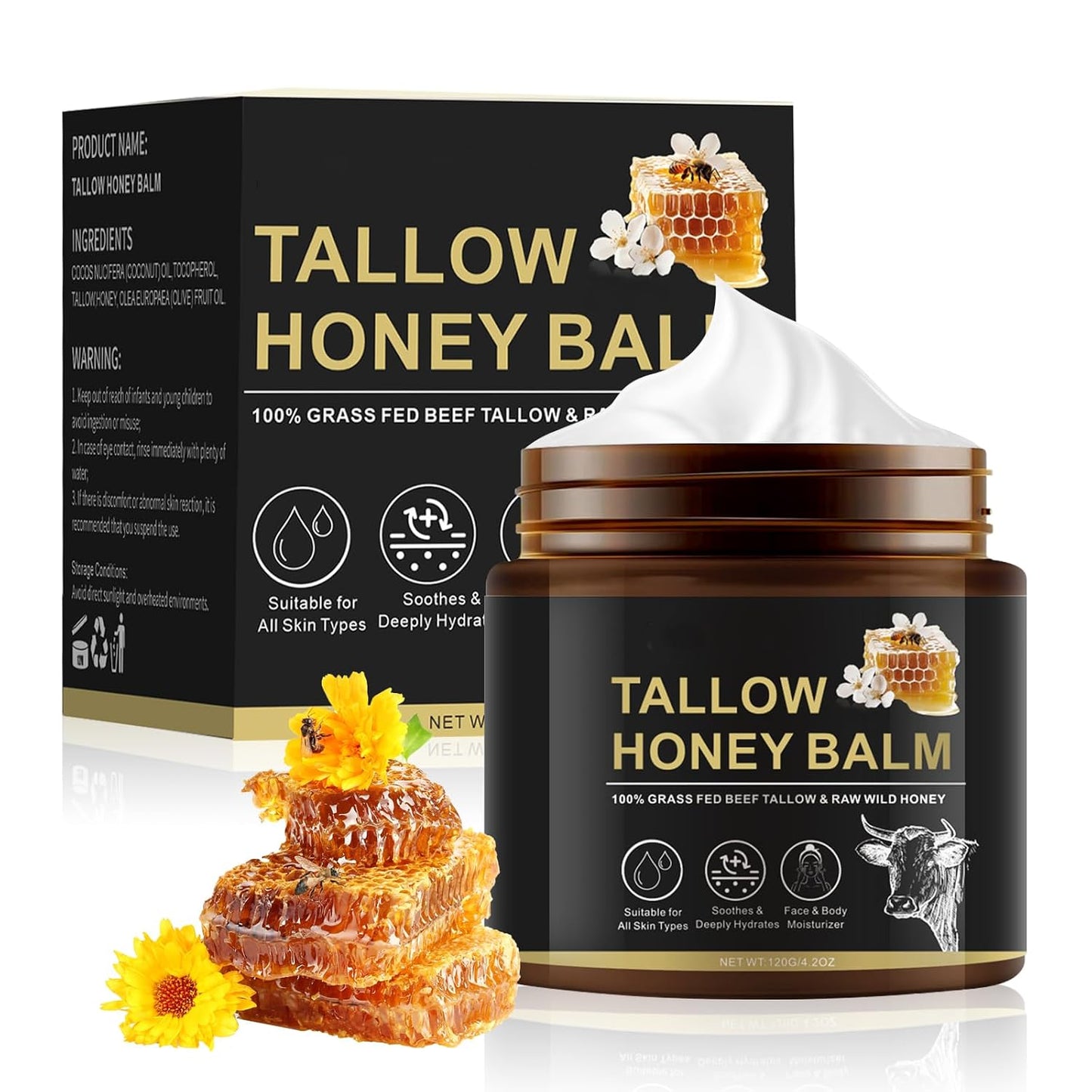 Beef Tallow Creme Für Gesicht & Körper 120 G, Feuchtigkeitscreme Für Den Täglichen Gebrauch, 100% Rindertalg Von Grasgefütterten Rindern, Natürlicher Honig Und Bienenwachs, Intensive Feuchtigkeitspfl