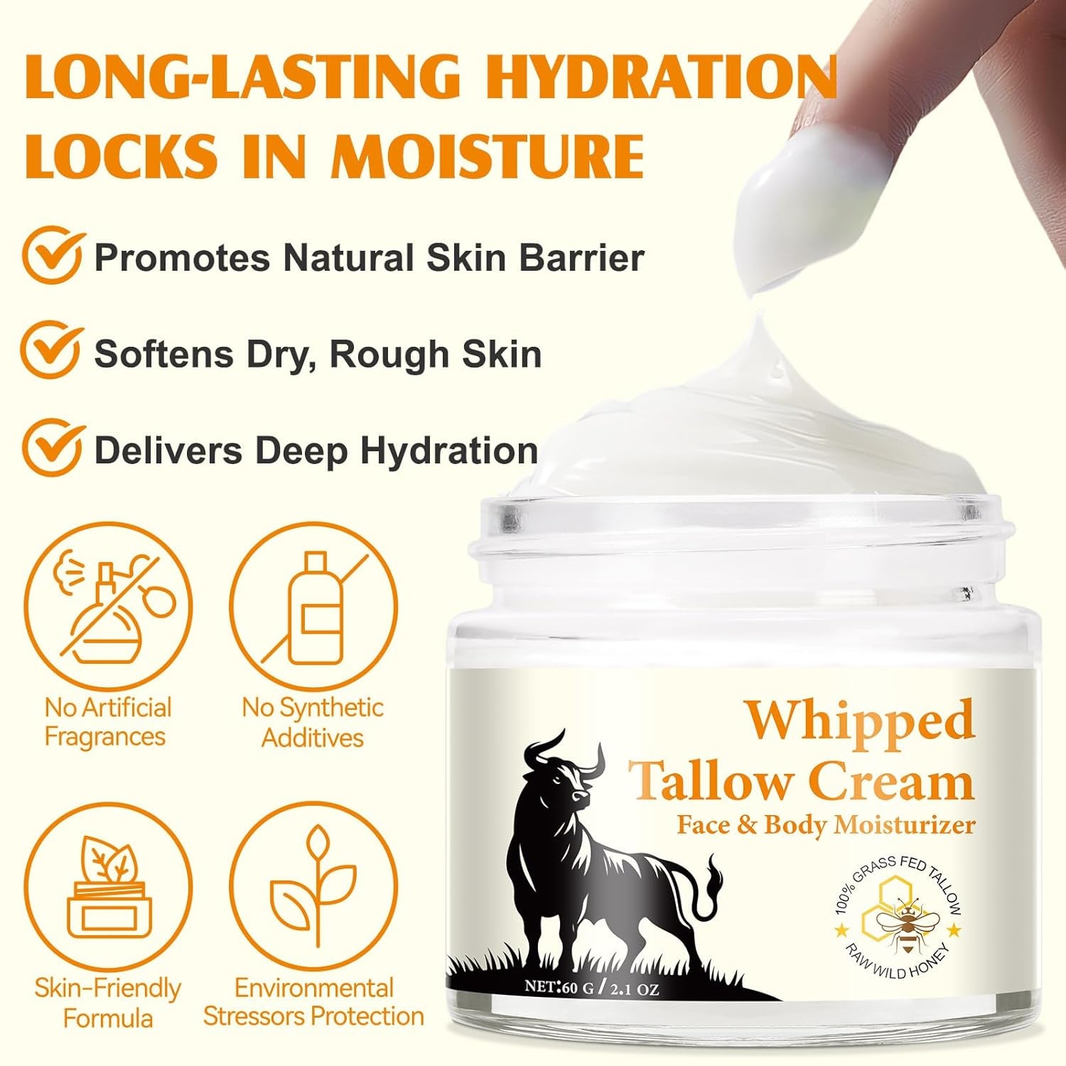 Beef Tallow Skincare, 120G Rindertalg Honig Balsam, Natürliche Talg & Honig Rindertalg Creme, Beef Tallow Bio, Tallow Creme Für Feuchtigkeitsspendend & Anti-Ageing, Tallow Balm Für Gesicht & Körper